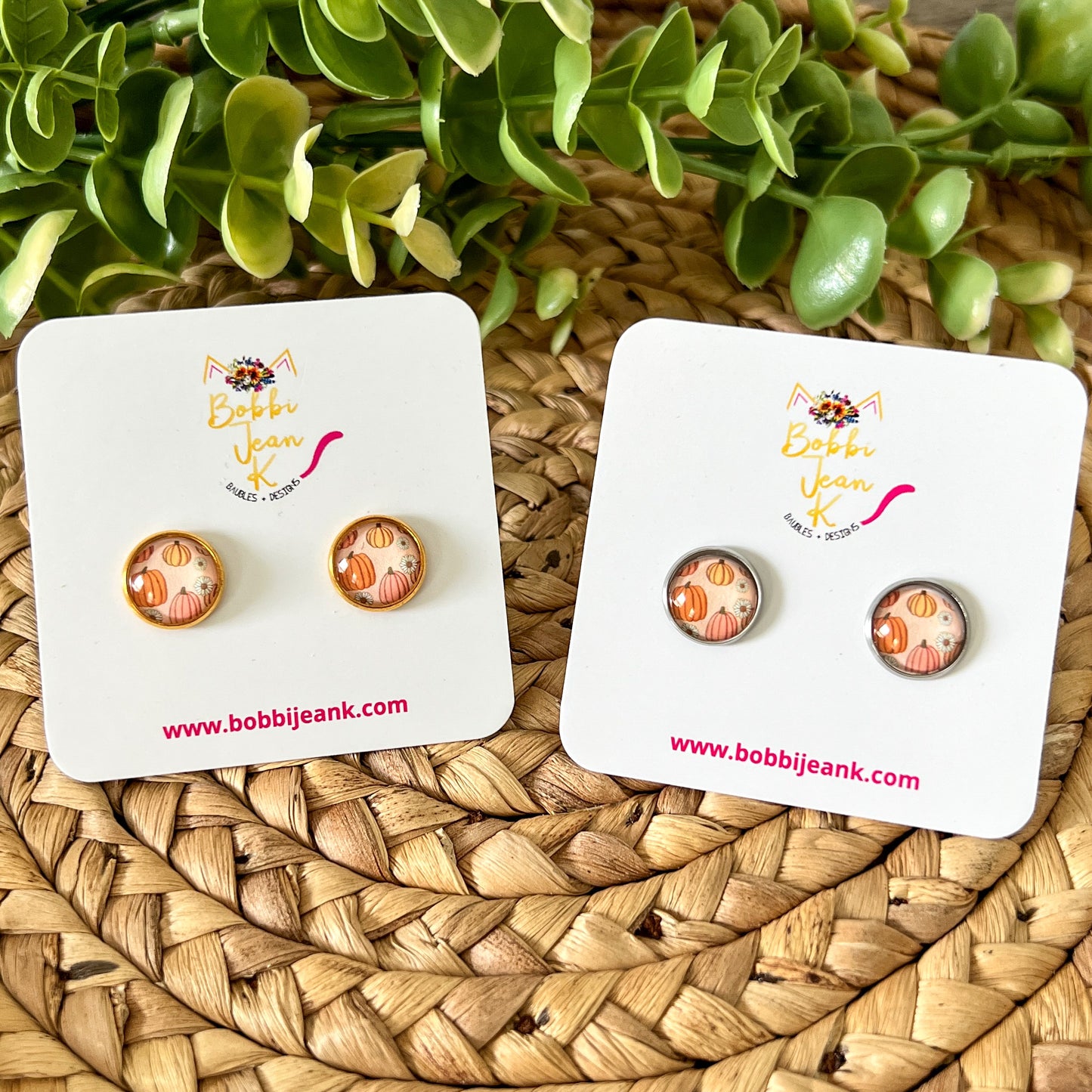 SALE: Boho Pumpkin Glass Studs 12mm: Choose Silver or Gold Settings - LAST CHANCE
