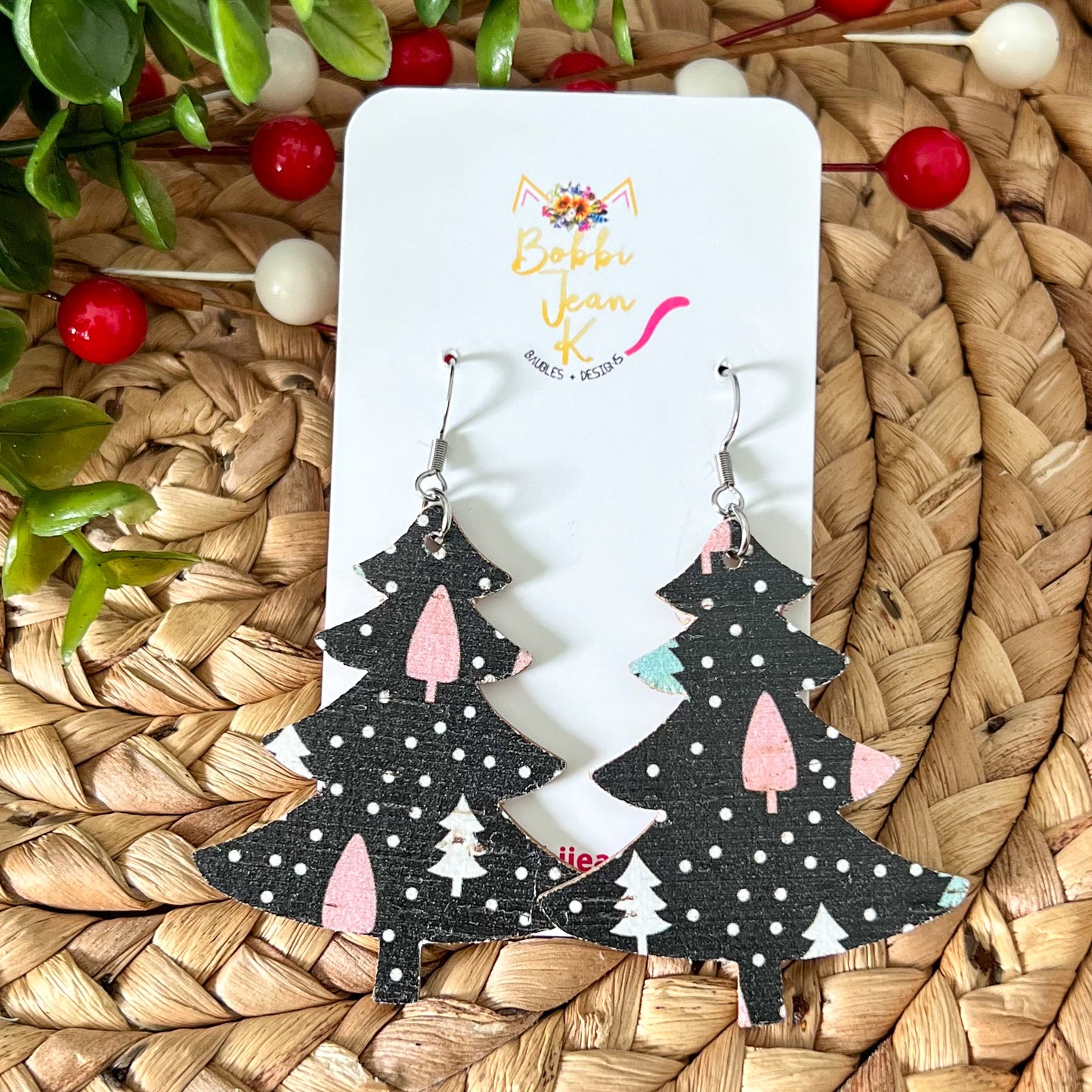 Colorful Trees Tree Shape & Rounded Teardrop Cork on Leather Earrings - LAST CHANCE