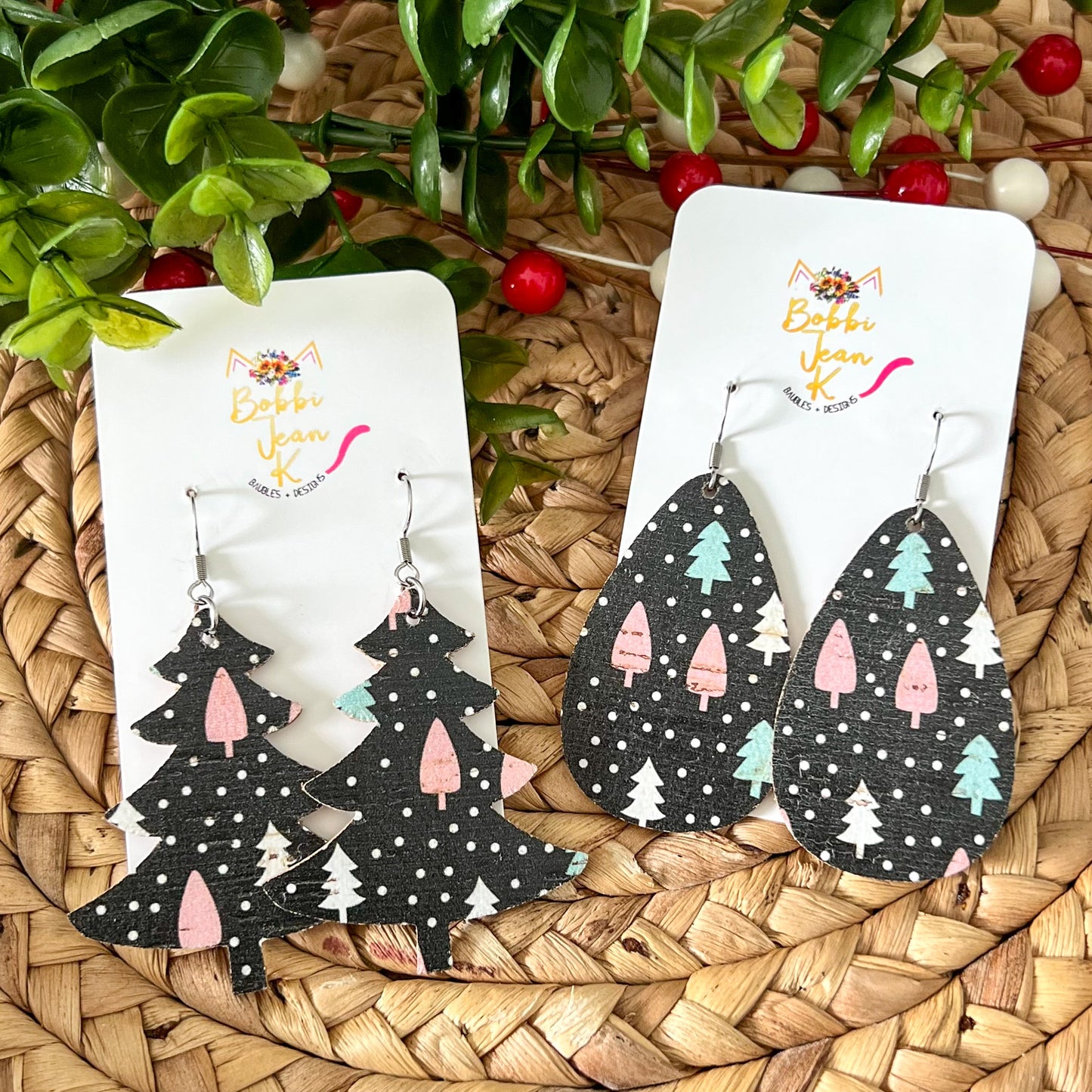 Colorful Trees Tree Shape & Rounded Teardrop Cork on Leather Earrings - LAST CHANCE