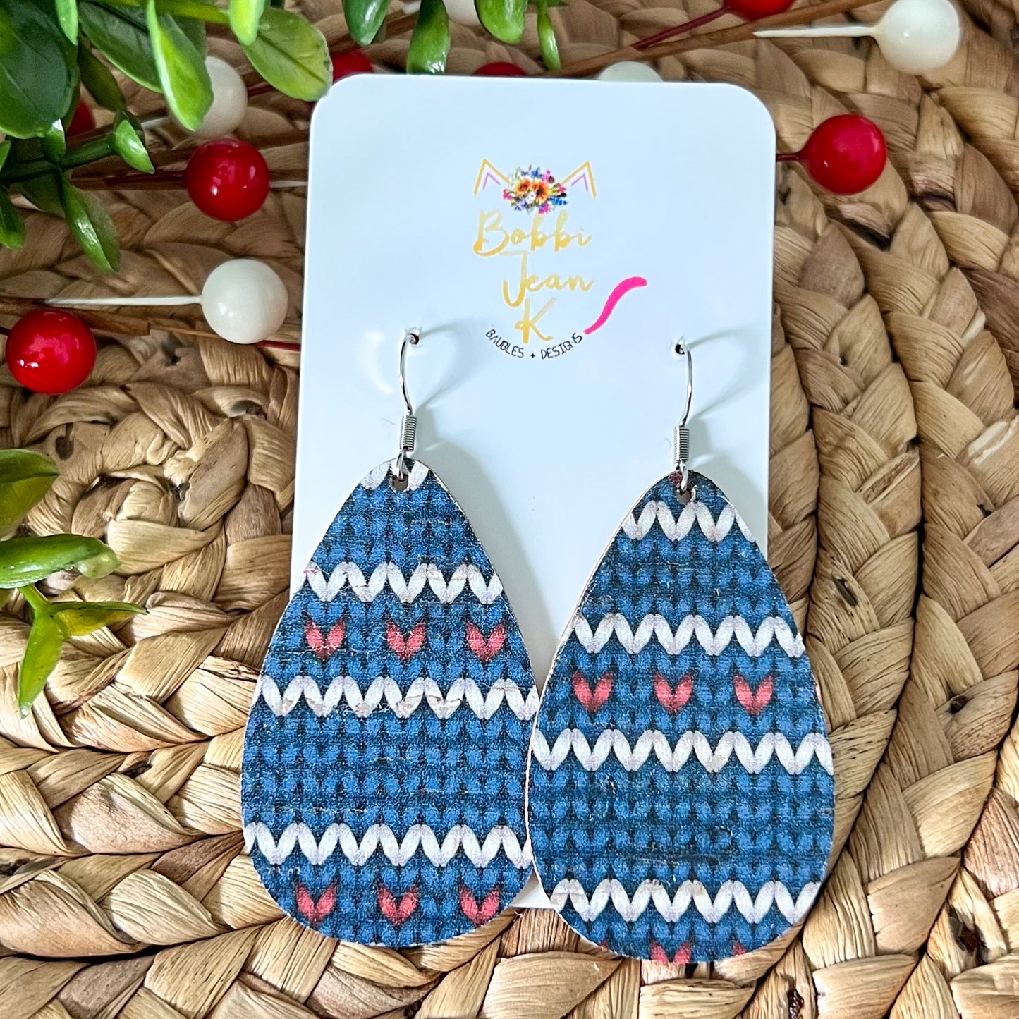SALE: Sweater Print Teardrop Cork on Leather Earrings - ONLY ONE LEFT