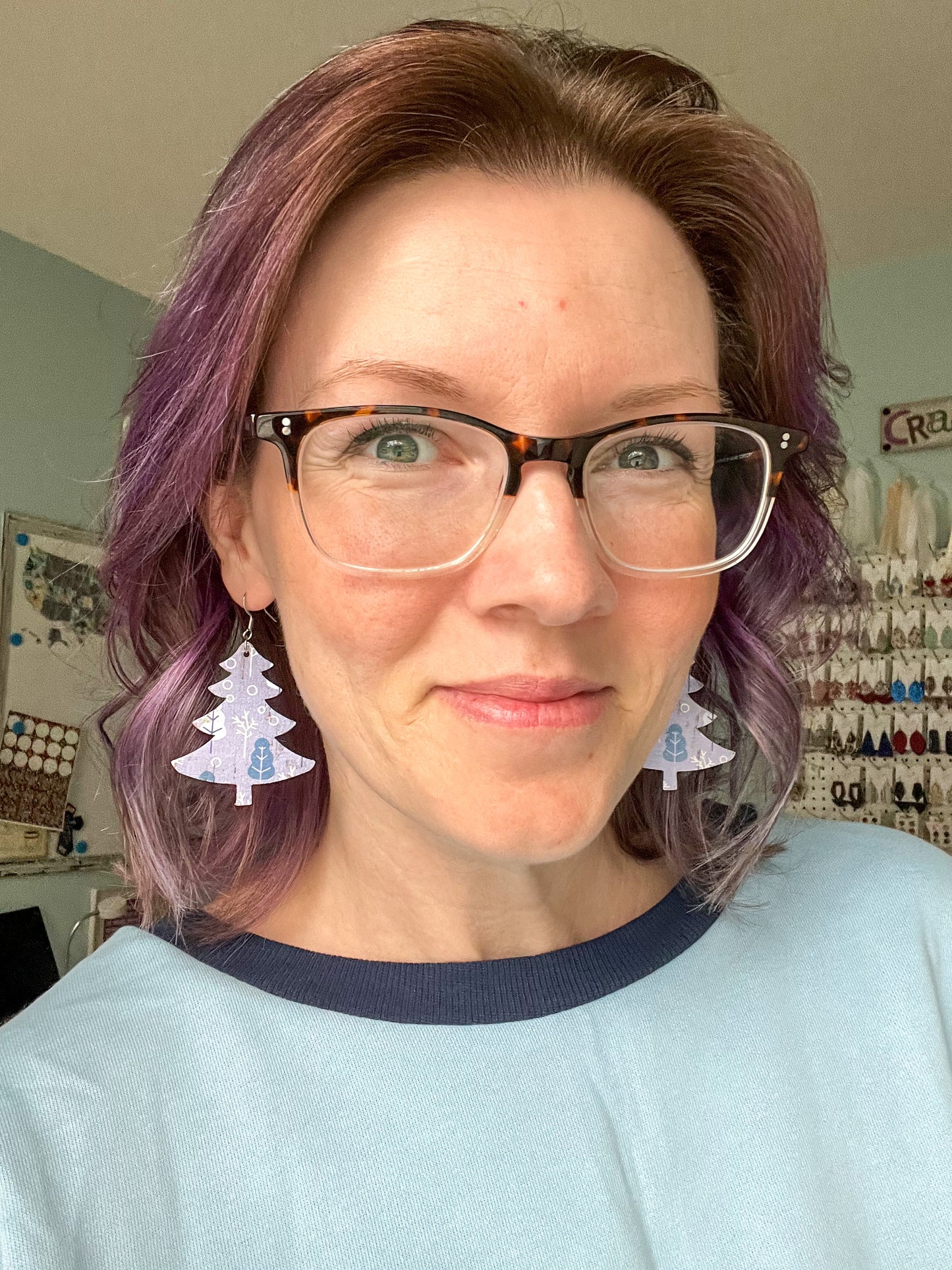 Lavender Forest Tree Shape Cork on Leather Earrings - LAST CHANCE