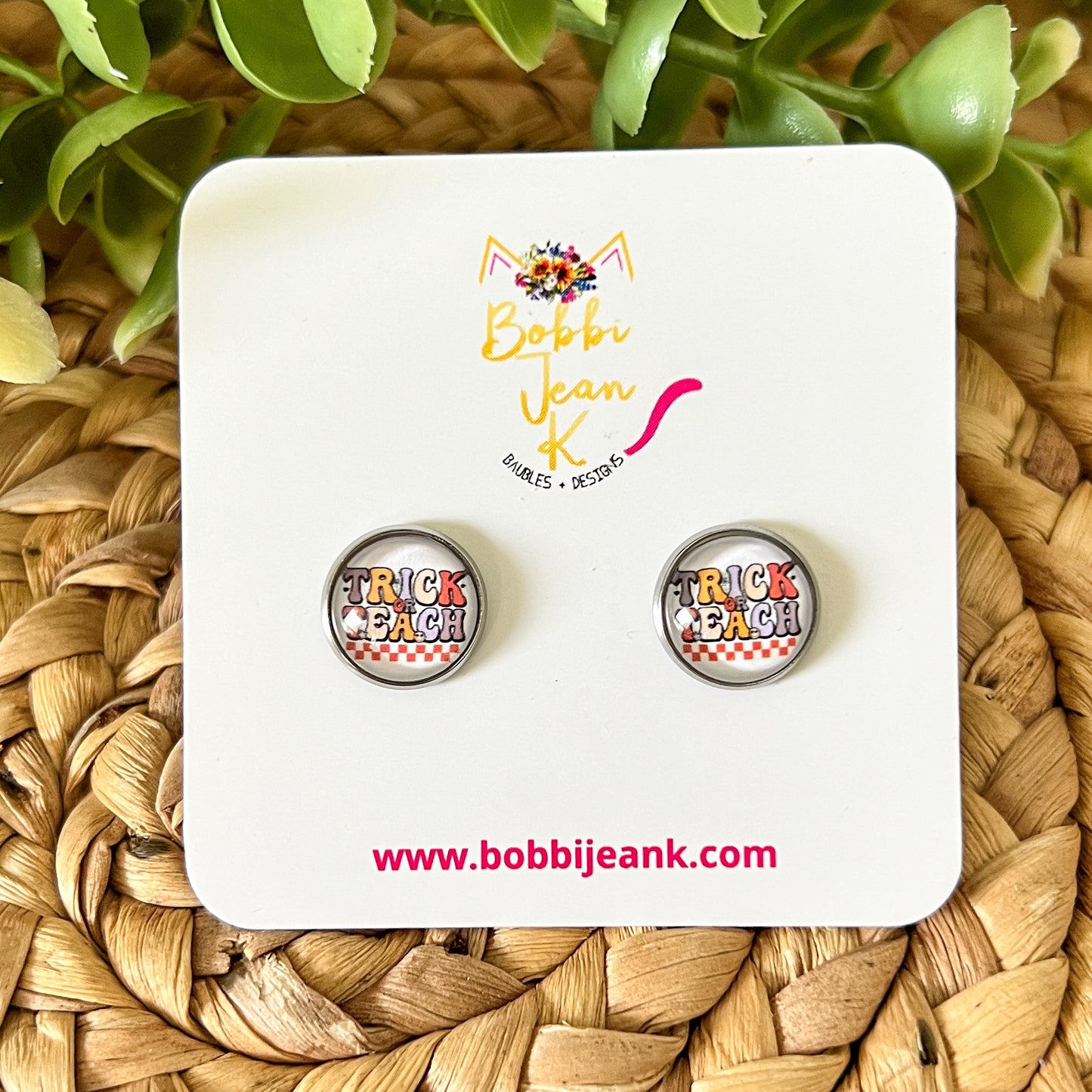 SALE: Trick or Teach Glass Studs 12mm: Choose Silver or Gold Settings - ONLY 2 LEFT