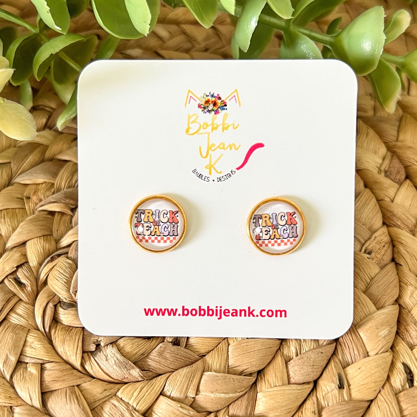 SALE: Trick or Teach Glass Studs 12mm: Choose Silver or Gold Settings - ONLY 2 LEFT