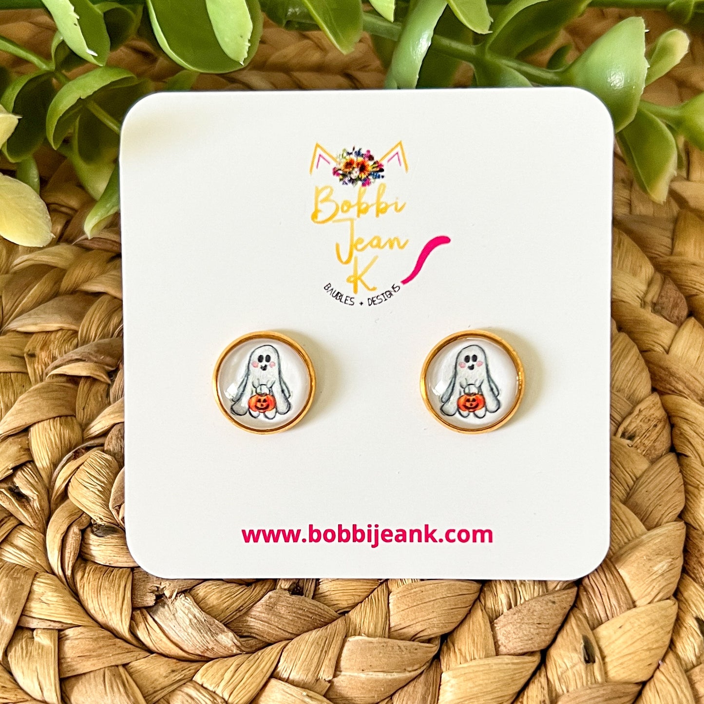 SALE: Ghostie Glass Studs in 10mm OR 12mm: Choose Silver or Gold Settings - LAST CHANCE