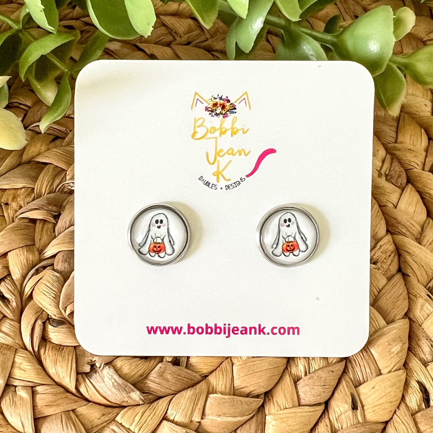 SALE: Ghostie Glass Studs in 10mm OR 12mm: Choose Silver or Gold Settings - LAST CHANCE