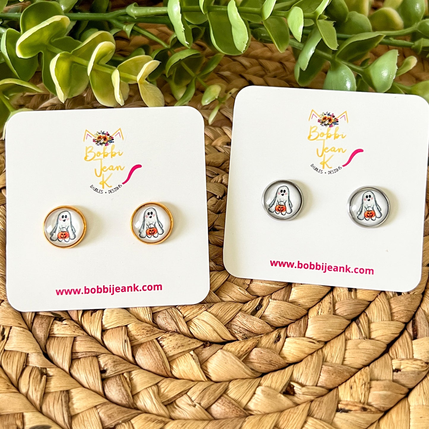 SALE: Ghostie Glass Studs in 10mm OR 12mm: Choose Silver or Gold Settings - LAST CHANCE