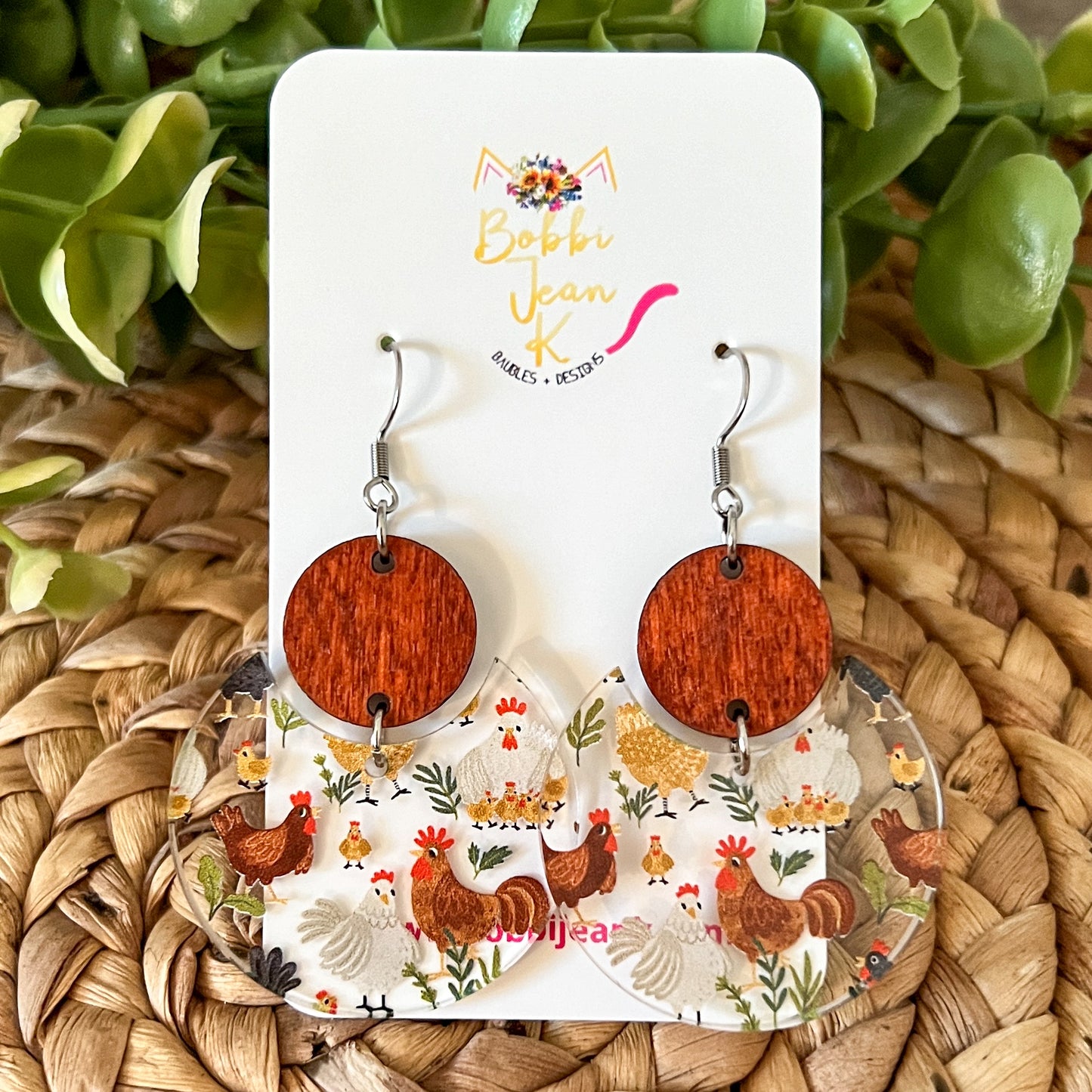 Chicken Print Acrylic Earrings: Choose From 2 Styles