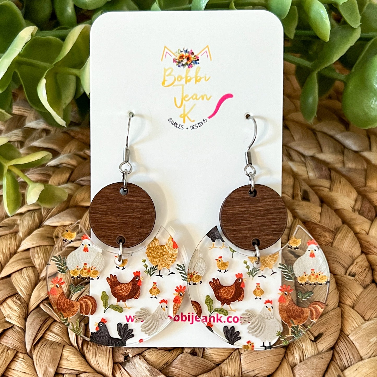 Chicken Print Acrylic Earrings: Choose From 2 Styles
