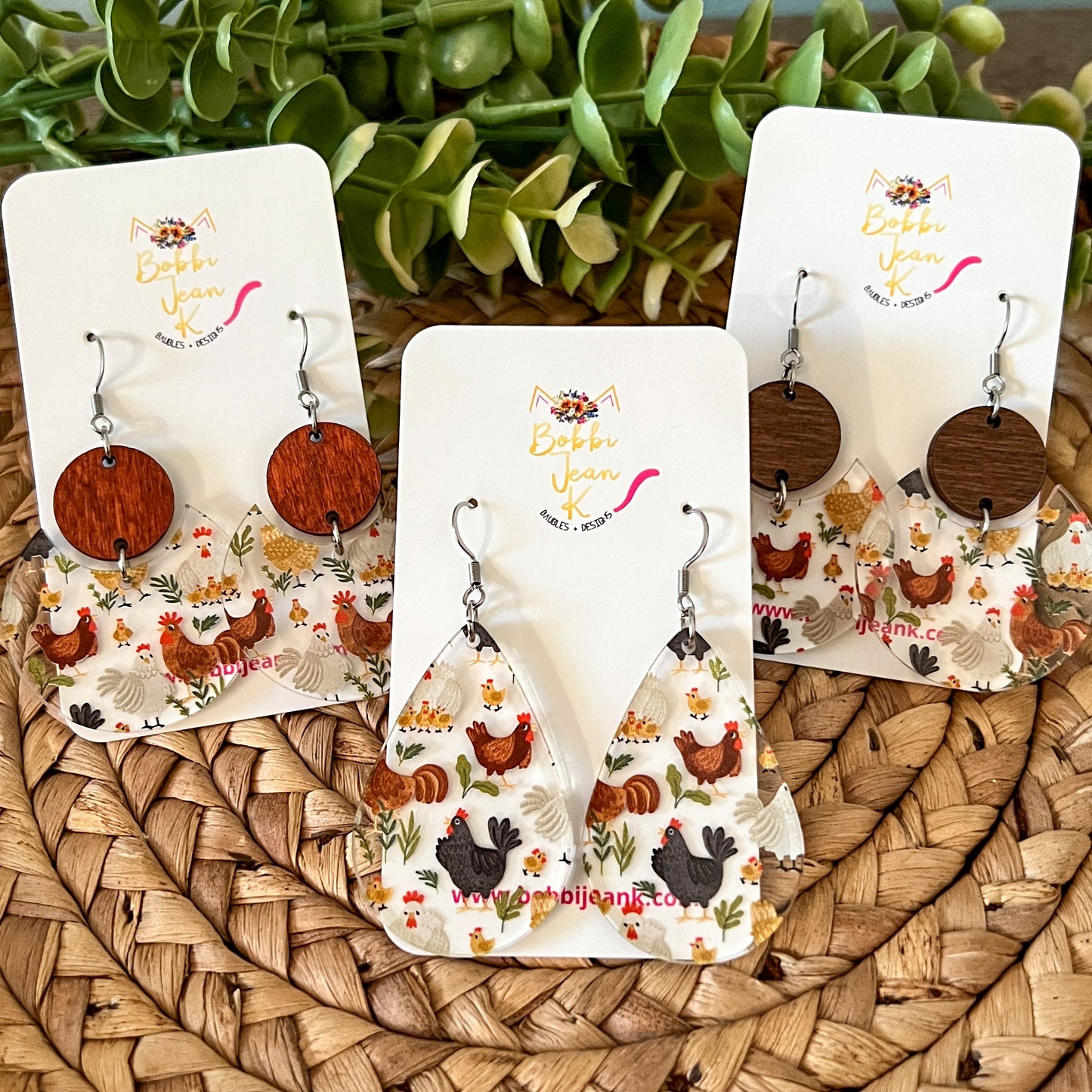Chicken Print Acrylic Earrings: Choose From 2 Styles