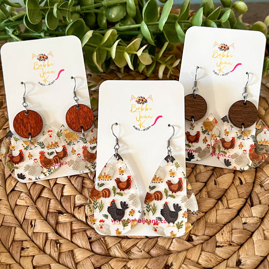 Chicken Print Acrylic Earrings: Choose From 2 Styles