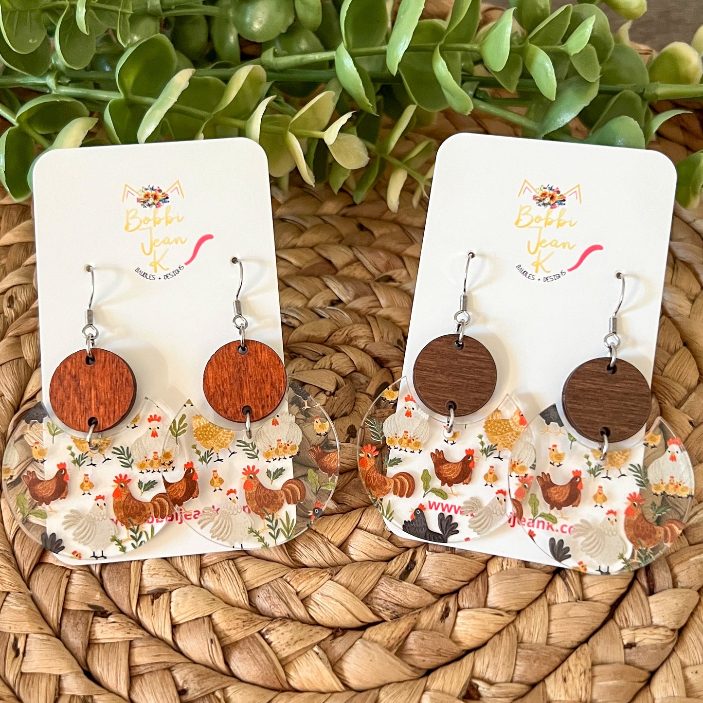 Chicken Print Acrylic Earrings: Choose From 2 Styles
