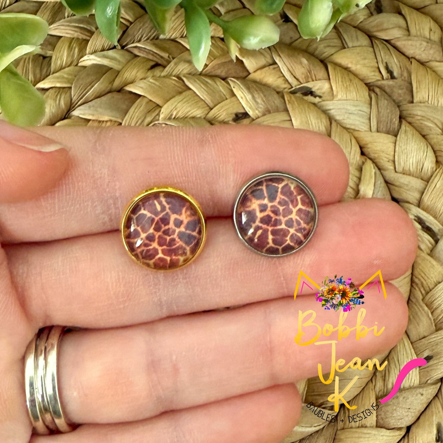 SALE: Brown Spotted Glass Studs 12mm: Choose Silver or Gold Settings - ONLY ONE LEFT