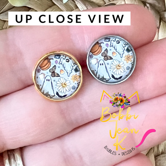 Boho Ghost Glass Studs 12mm: OPEN ITEM TO CHOOSE SILVER OR GOLD SETTINGS