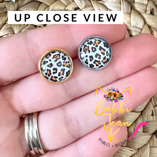 Fall Leopard Glass Studs 12mm: OPEN ITEM TO CHOOSE SILVER OR GOLD SETTINGS