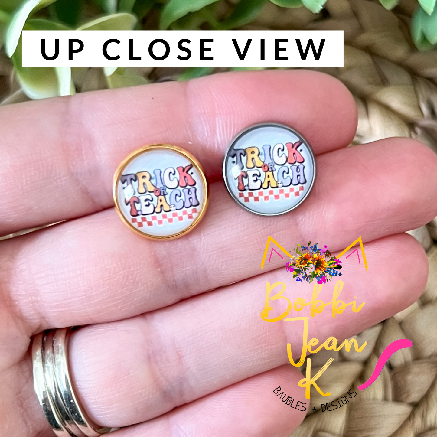 SALE: Trick or Teach Glass Studs 12mm: Choose Silver or Gold Settings - ONLY 2 LEFT