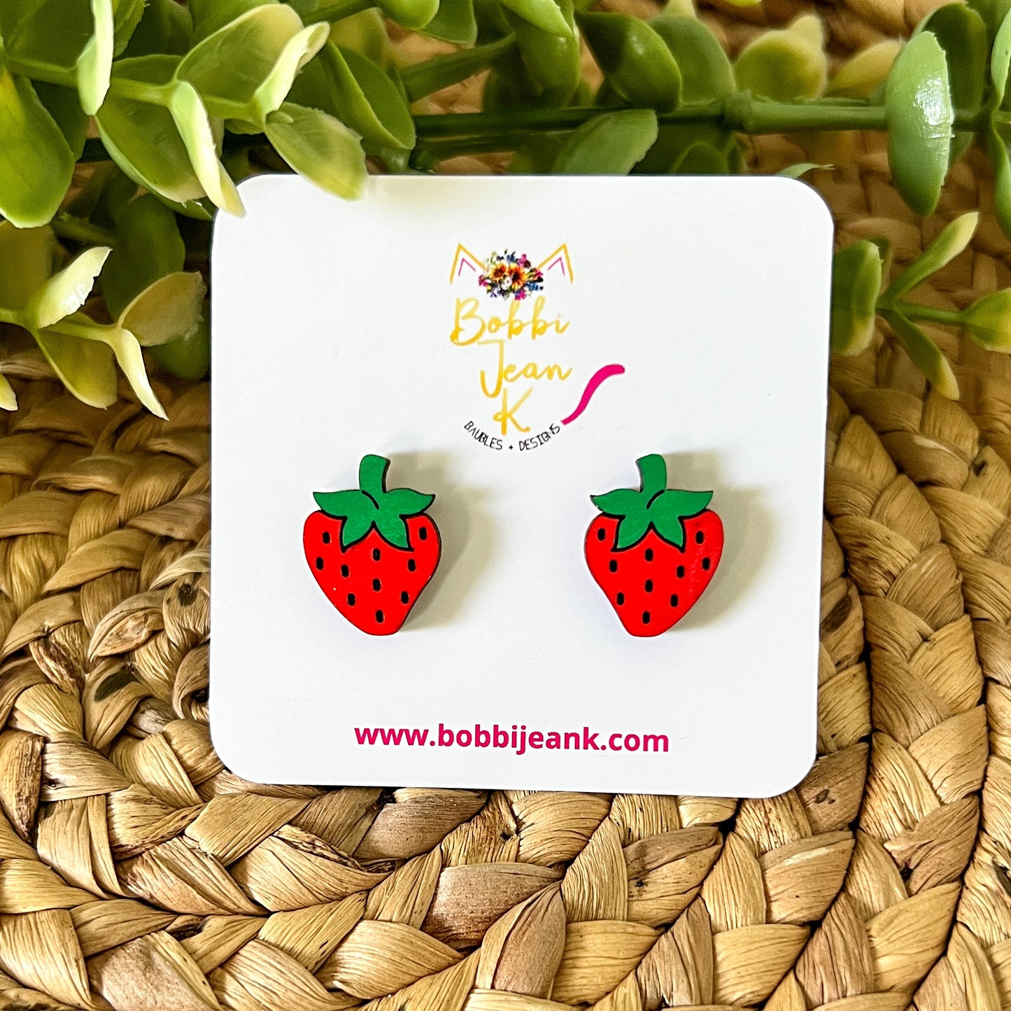 Strawberry Hand Painted Wood Studs: Choose From 2 Sizes