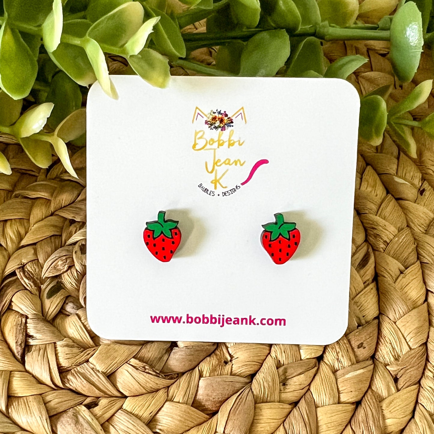 Strawberry Hand Painted Wood Studs: Choose From 2 Sizes