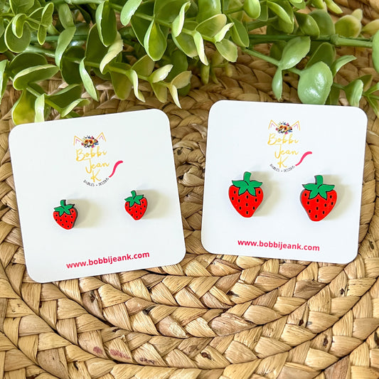 Strawberry Hand Painted Wood Studs: Choose From 2 Sizes