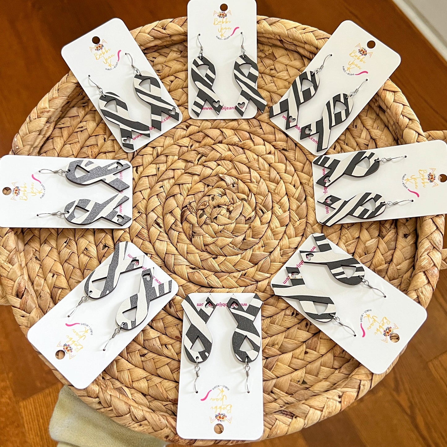 Zebra Printed Wood Awareness Ribbon Earrings with Heart Cutout: Uncommon or Rare Diseases and Cancers