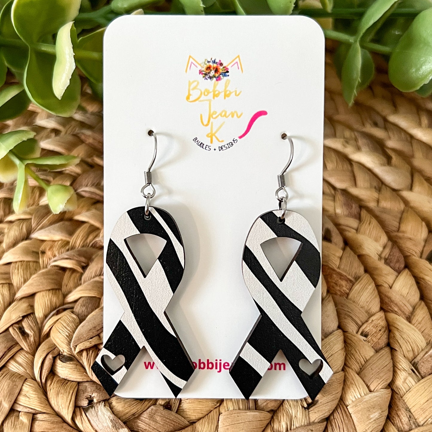 Zebra Printed Wood Awareness Ribbon Earrings with Heart Cutout: Uncommon or Rare Diseases and Cancers