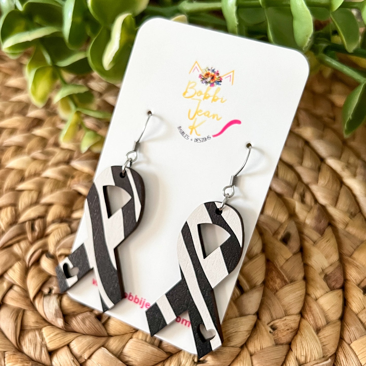 Zebra Printed Wood Awareness Ribbon Earrings with Heart Cutout: Uncommon or Rare Diseases and Cancers