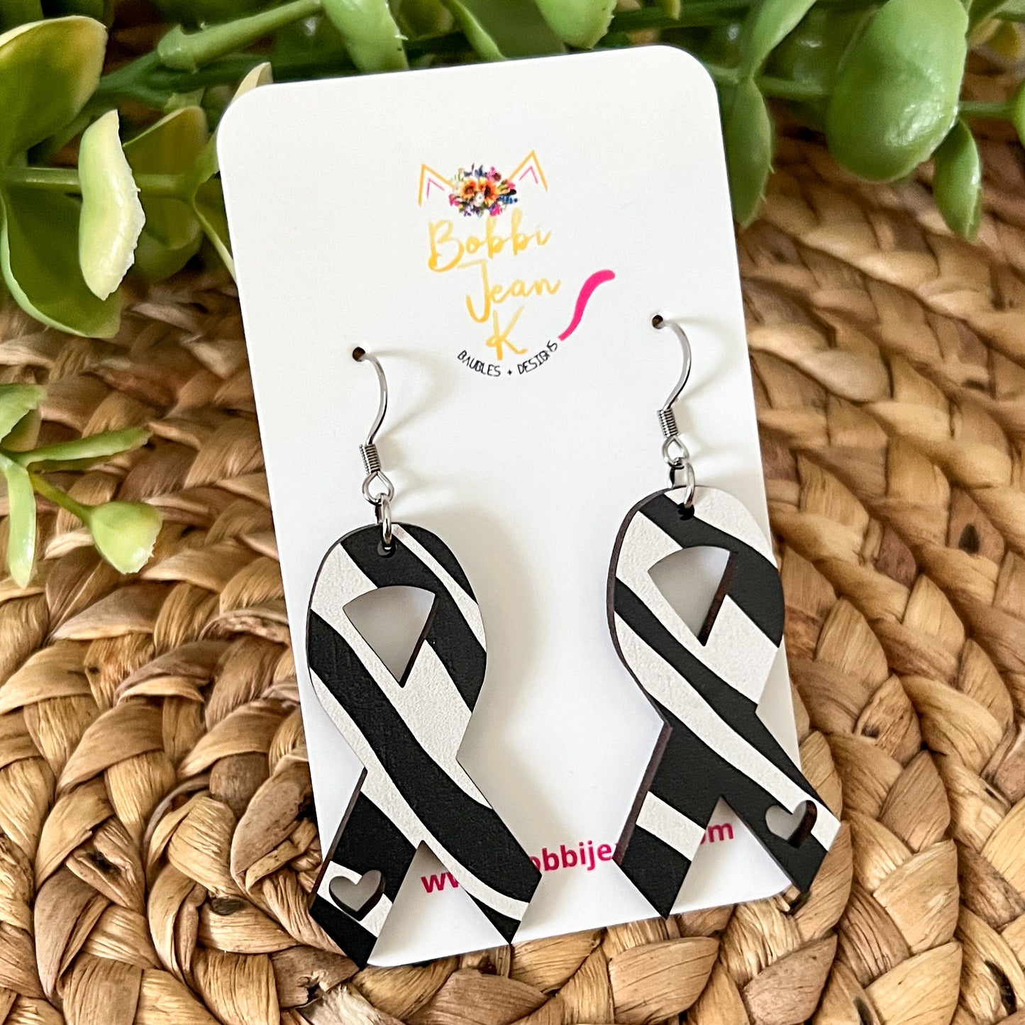 Zebra Printed Wood Awareness Ribbon Earrings with Heart Cutout: Uncommon or Rare Diseases and Cancers