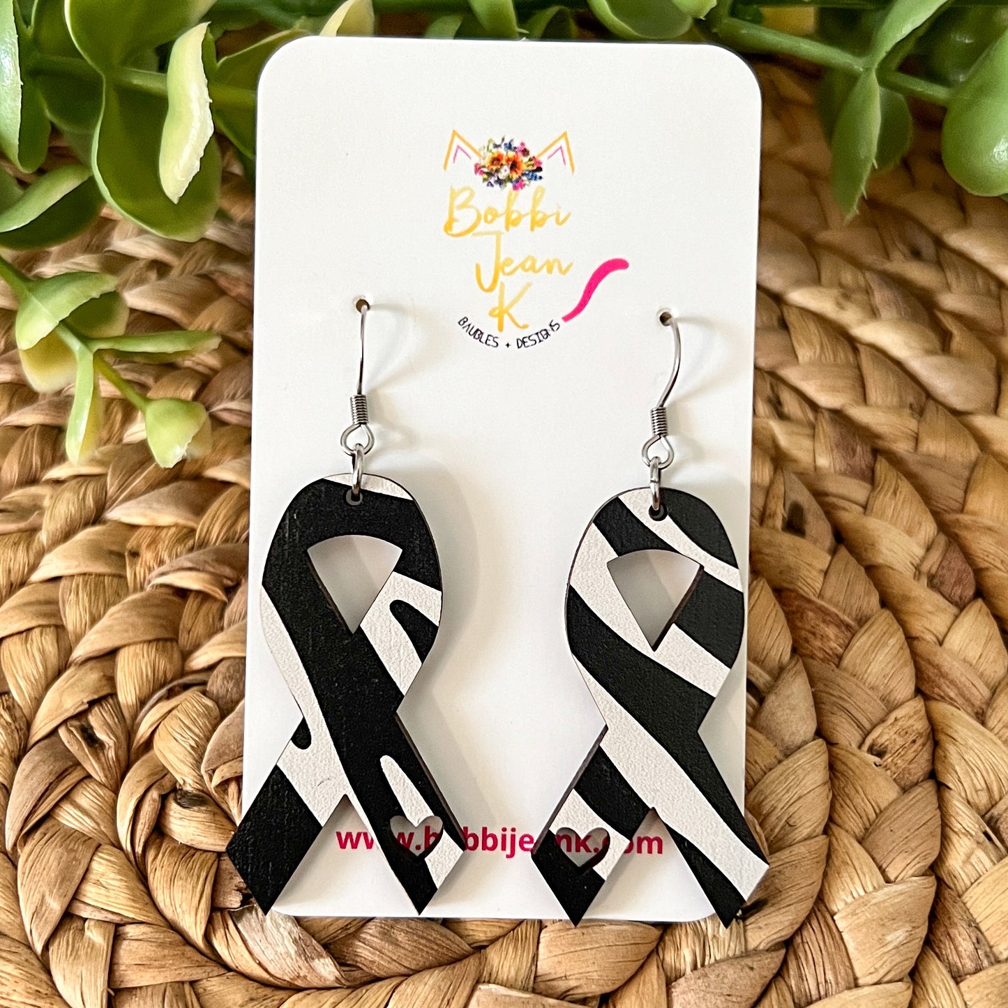Zebra Printed Wood Awareness Ribbon Earrings with Heart Cutout: Uncommon or Rare Diseases and Cancers