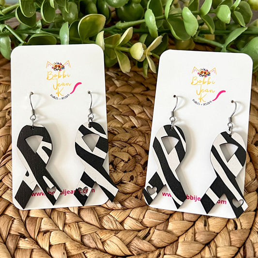 Zebra Printed Wood Awareness Ribbon Earrings with Heart Cutout: Uncommon or Rare Diseases and Cancers - LAST CHANCE