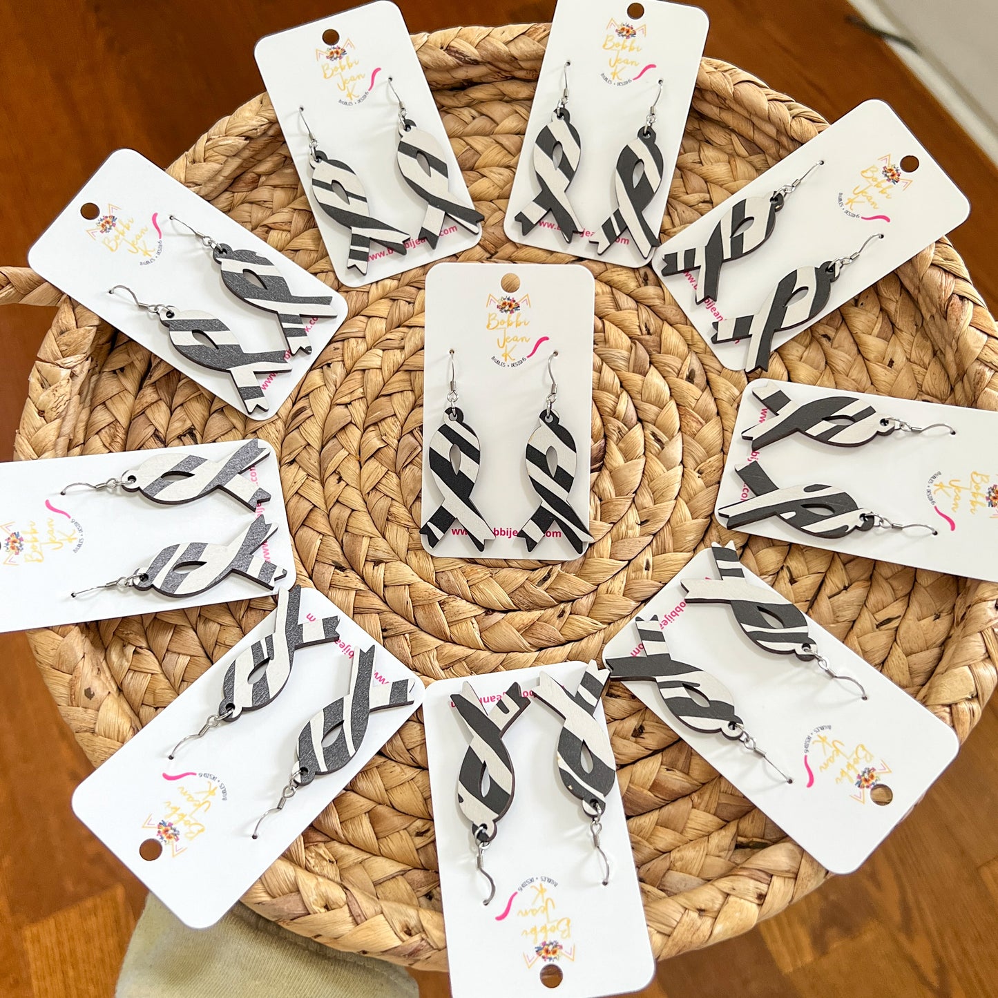 Zebra Printed Wood Awareness Ribbon Earrings: Uncommon or Rare Diseases and Cancers