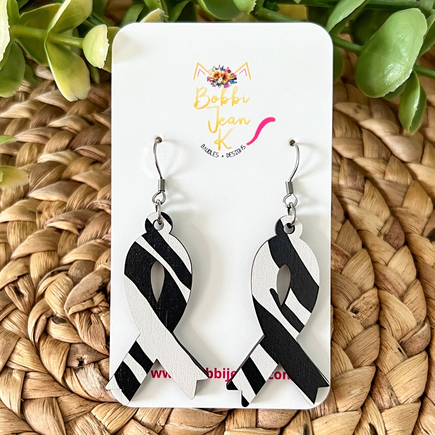 Zebra Printed Wood Awareness Ribbon Earrings: Uncommon or Rare Diseases and Cancers