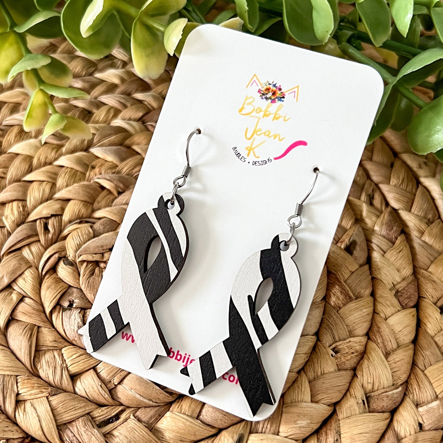 Zebra Printed Wood Awareness Ribbon Earrings: Uncommon or Rare Diseases and Cancers