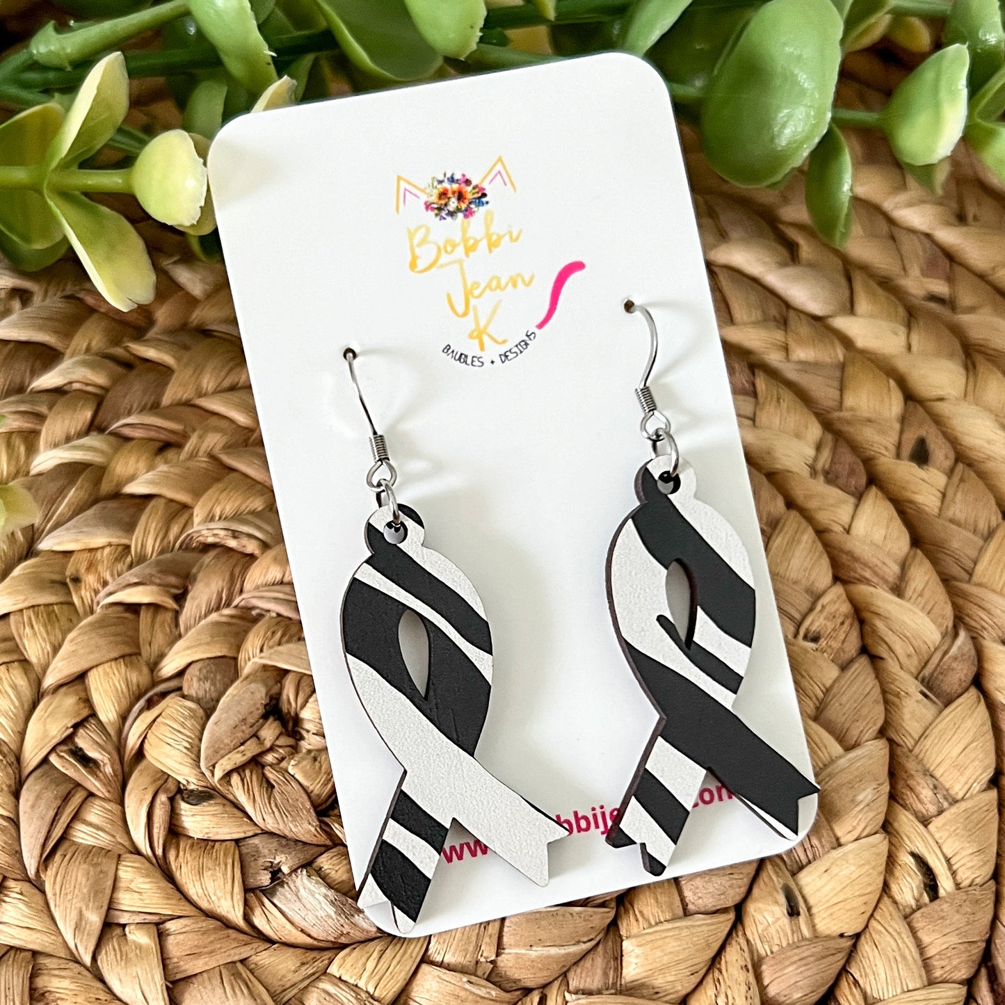 Zebra Printed Wood Awareness Ribbon Earrings: Uncommon or Rare Diseases and Cancers