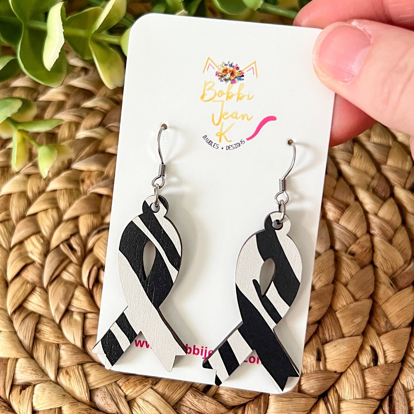 Zebra Printed Wood Awareness Ribbon Earrings: Uncommon or Rare Diseases and Cancers