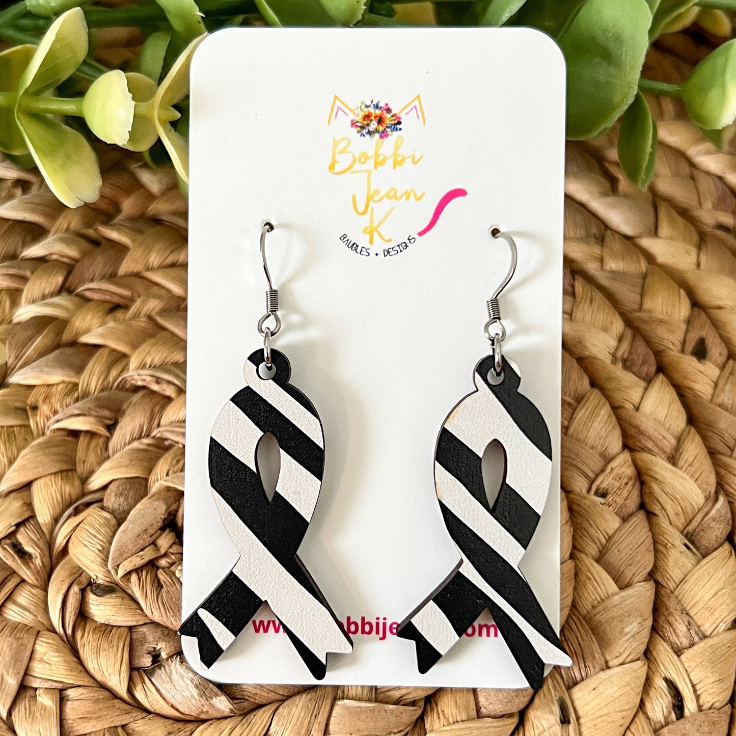 Zebra Printed Wood Awareness Ribbon Earrings: Uncommon or Rare Diseases and Cancers