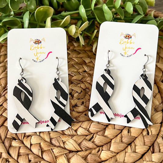 Zebra Printed Wood Awareness Ribbon Earrings: Uncommon or Rare Diseases and Cancers - LAST CHANCE