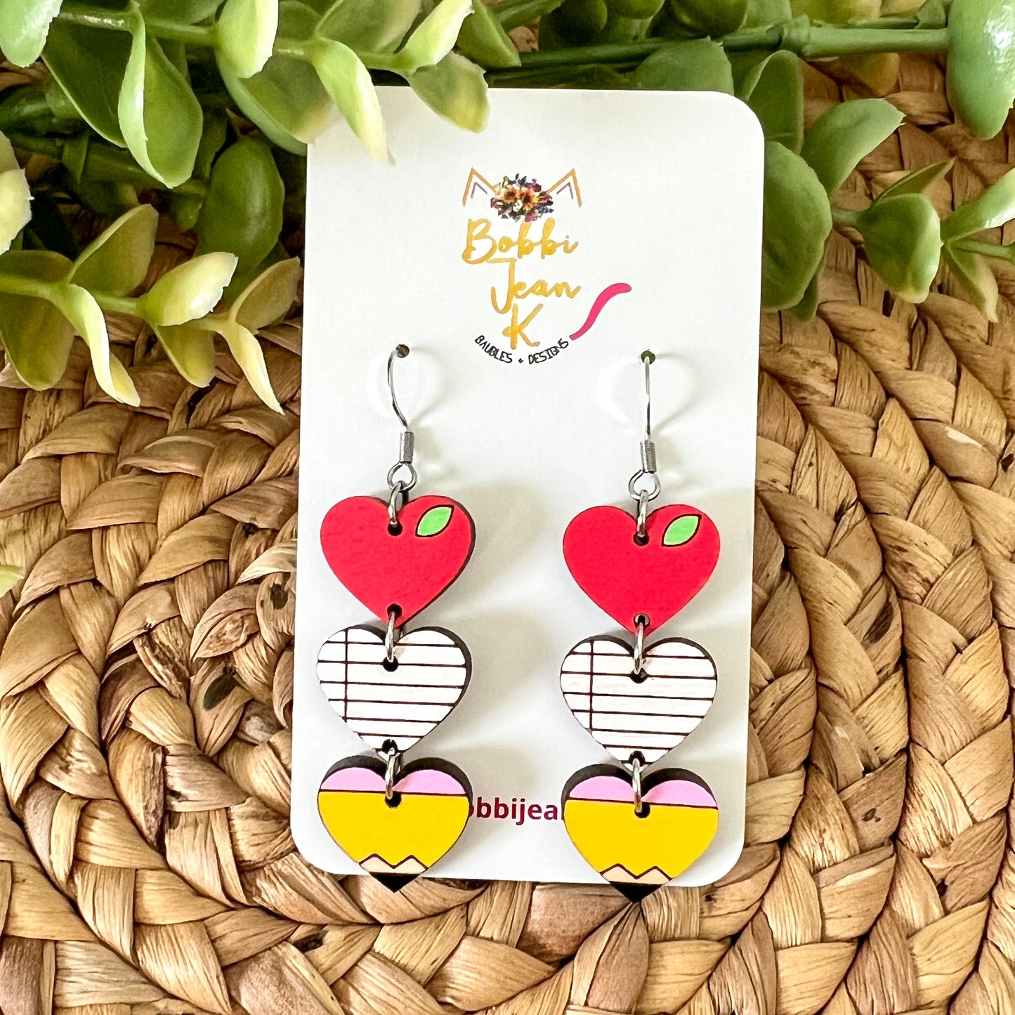 Hand Painted Triple Heart Teacher Wood Earrings