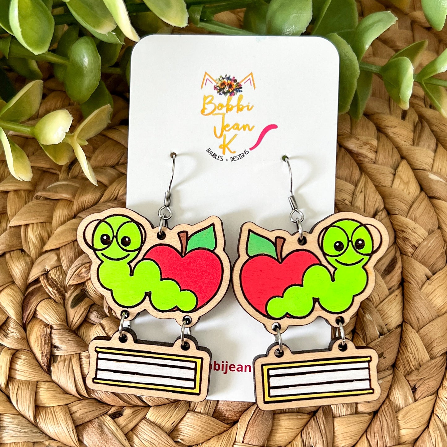 Hand Painted Bookworm Wood Earrings