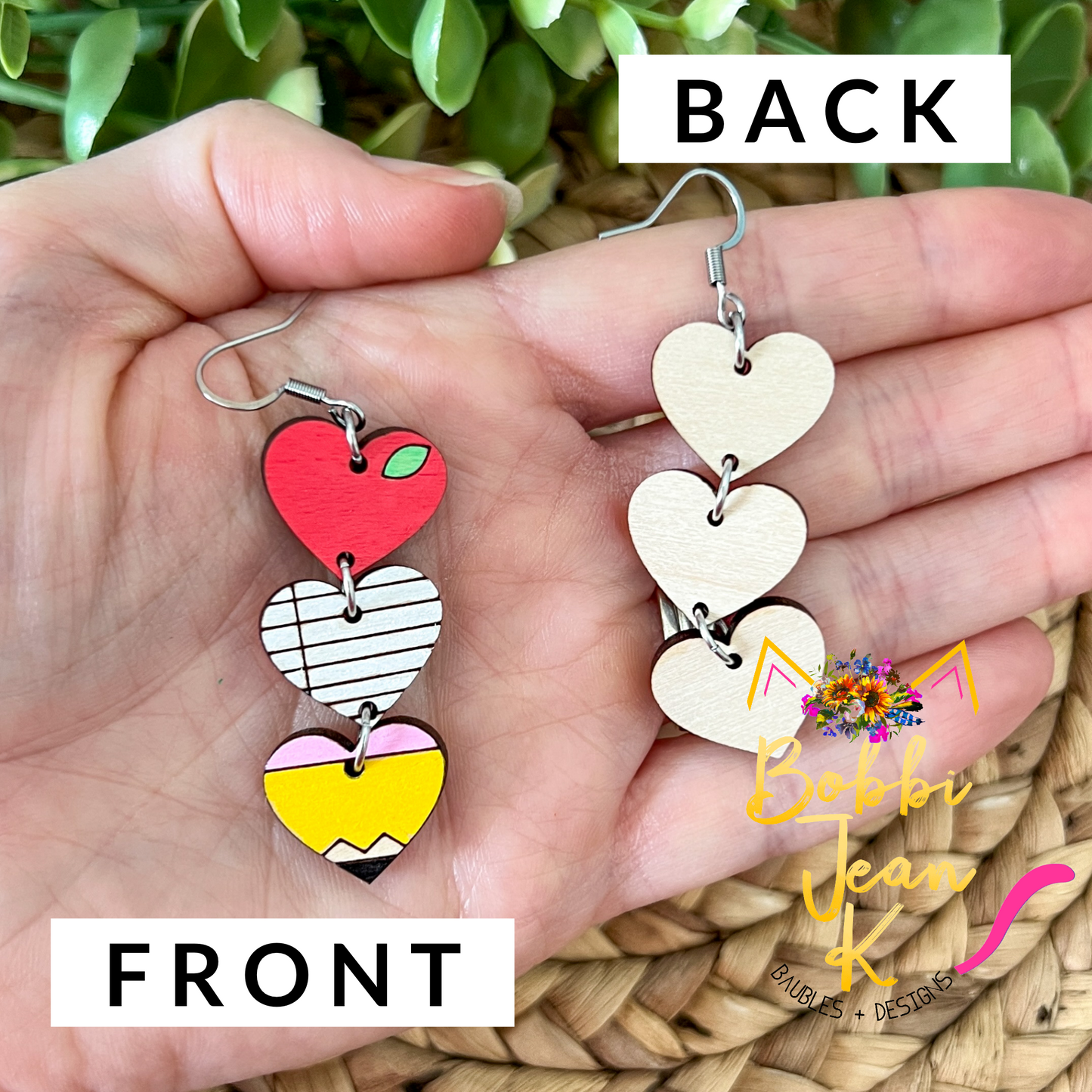 Hand Painted Triple Heart Teacher Wood Earrings