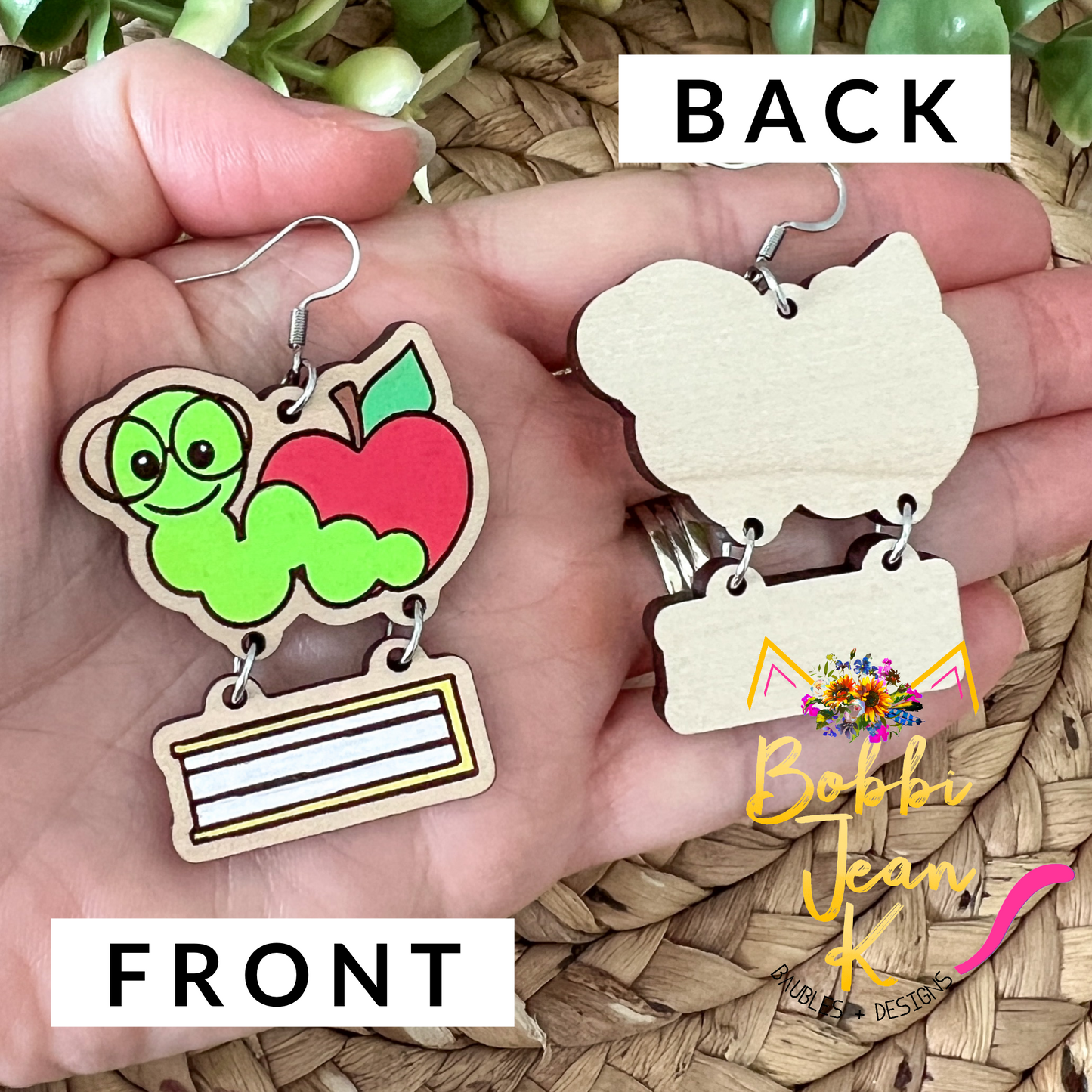 Hand Painted Bookworm Wood Earrings
