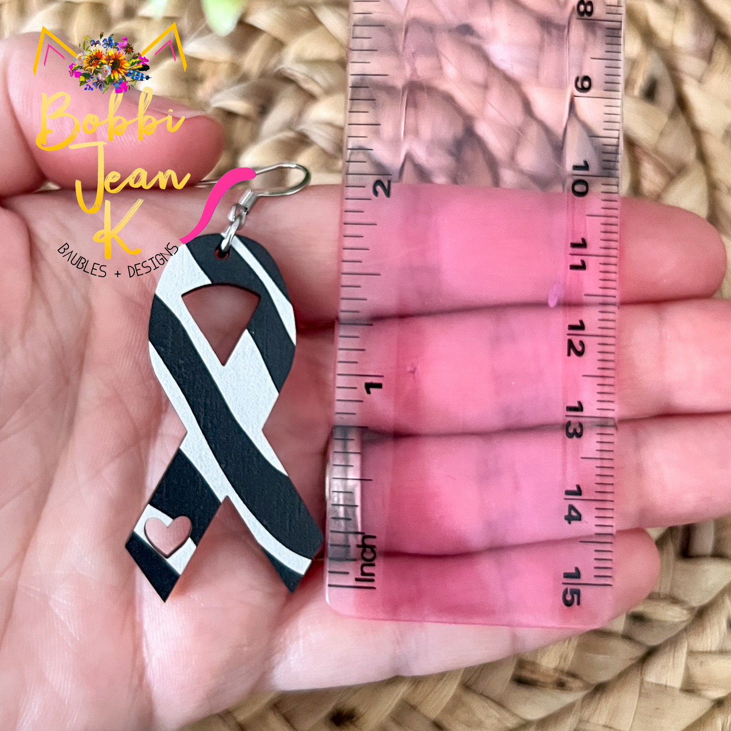 Zebra Printed Wood Awareness Ribbon Earrings with Heart Cutout: Uncommon or Rare Diseases and Cancers