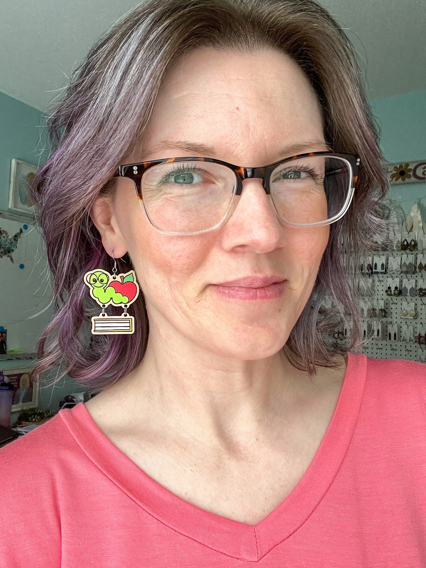 Hand Painted Bookworm Wood Earrings