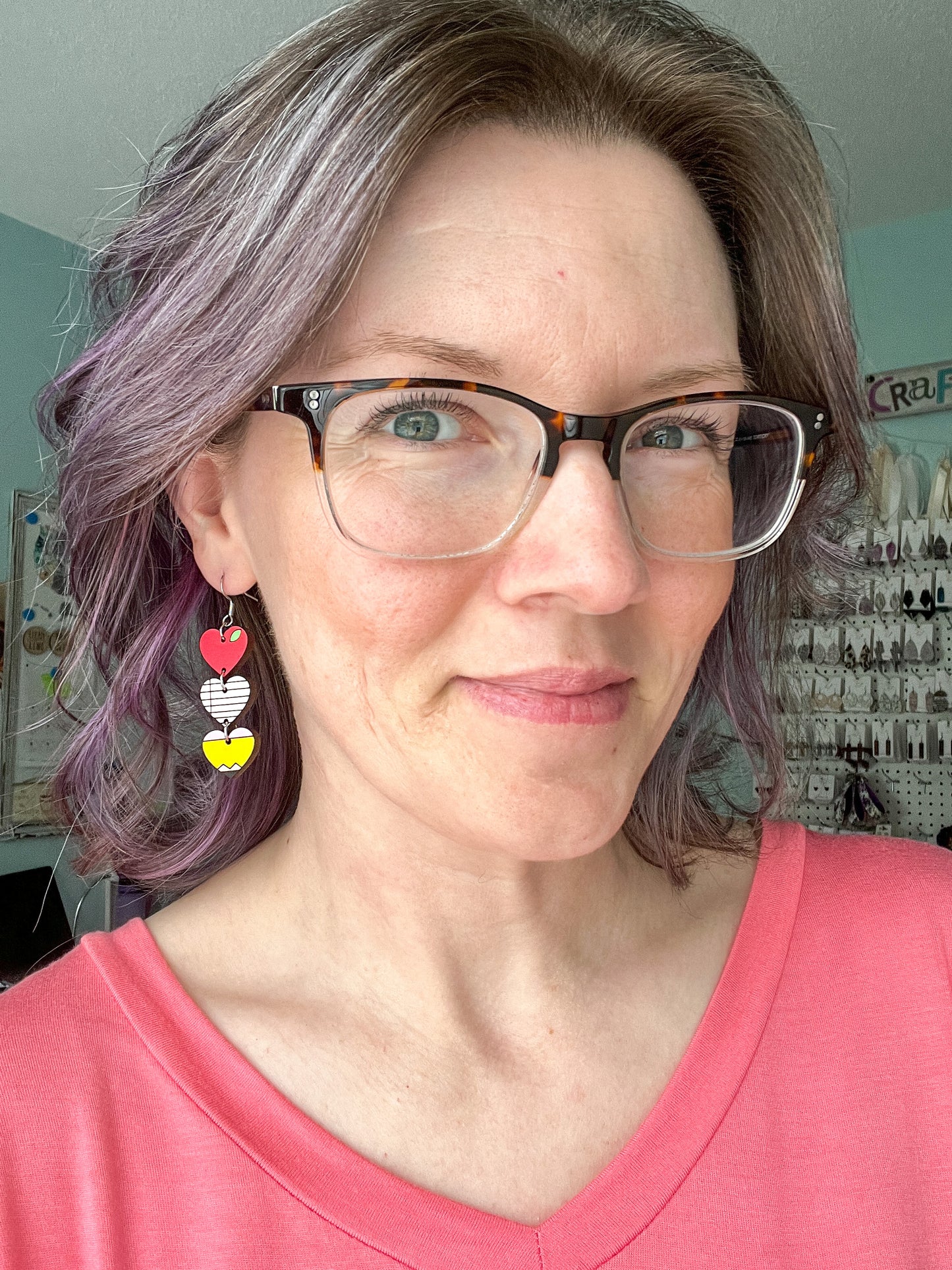 Hand Painted Triple Heart Teacher Wood Earrings