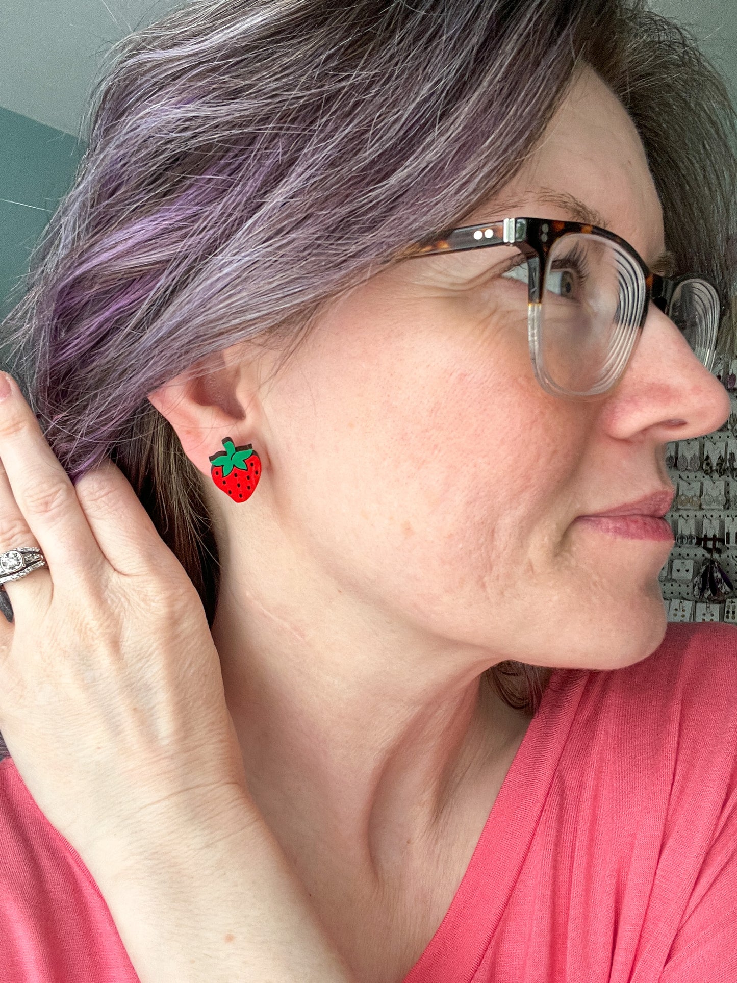 Strawberry Hand Painted Wood Studs: Choose From 2 Sizes