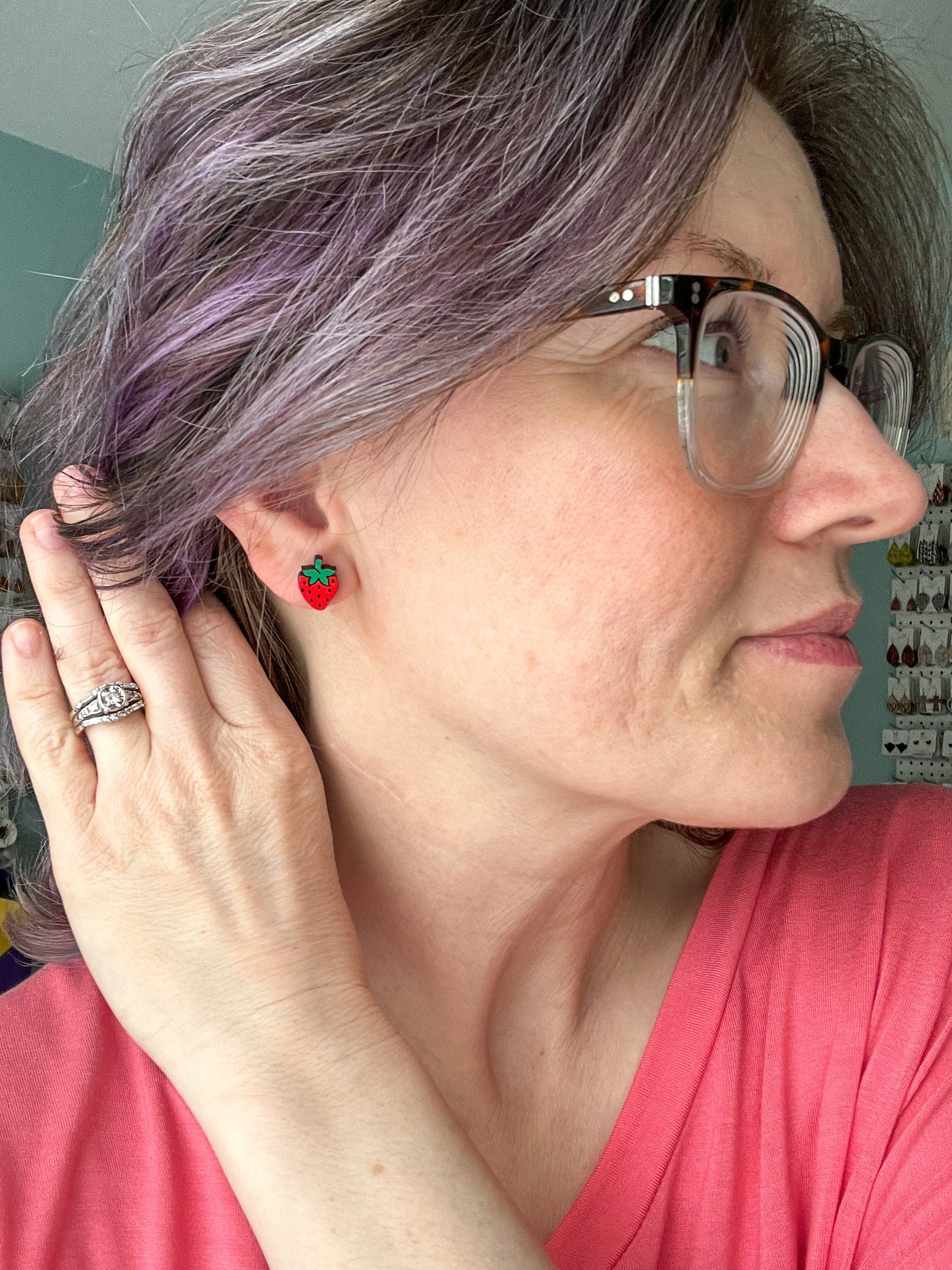 Strawberry Hand Painted Wood Studs: Choose From 2 Sizes