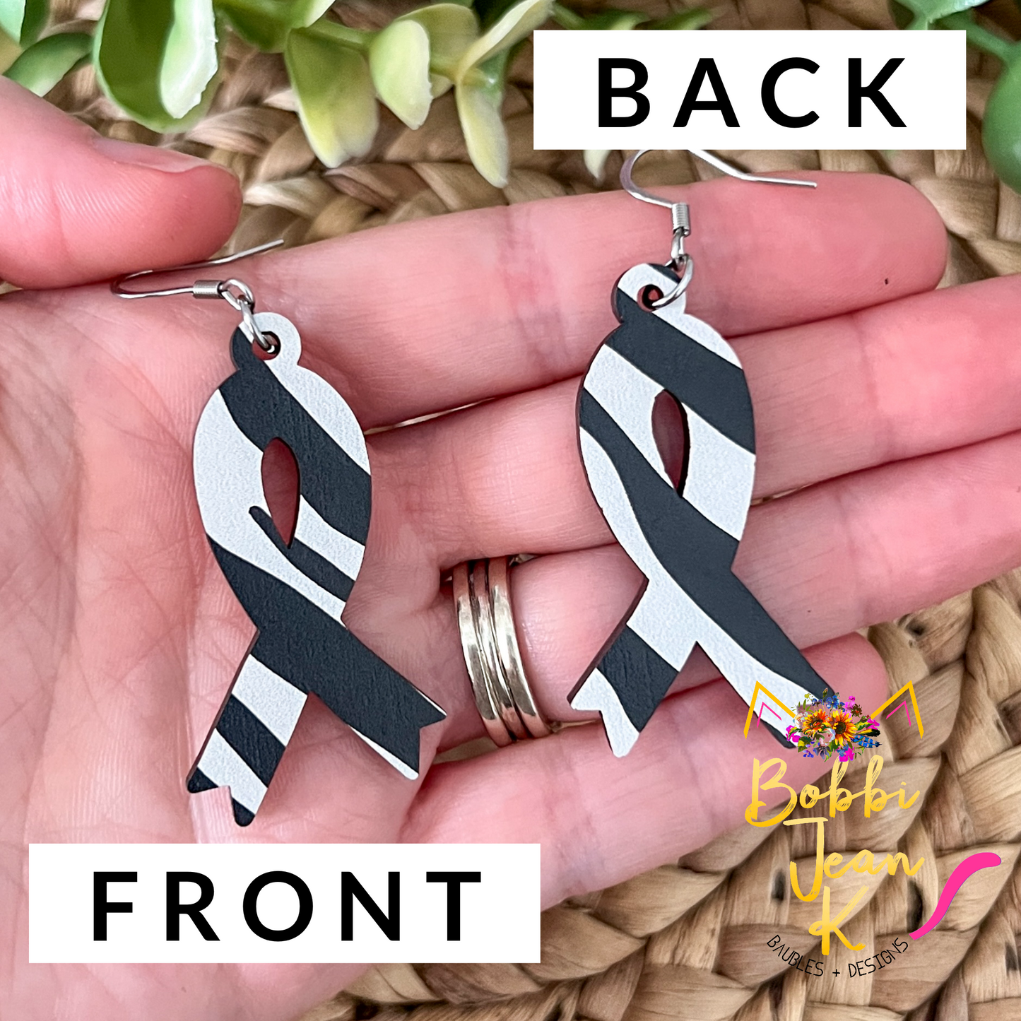 Zebra Printed Wood Awareness Ribbon Earrings: Uncommon or Rare Diseases and Cancers