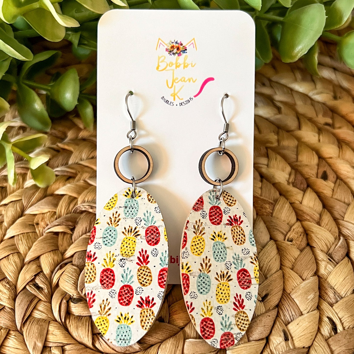 Pineapple Oval Drop Cork on Leather Earrings - LAST CHANCE