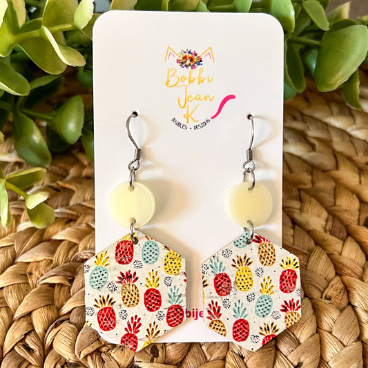 Pineapple Hexagon Cork on Leather Earrings - ONLY 2 LEFT