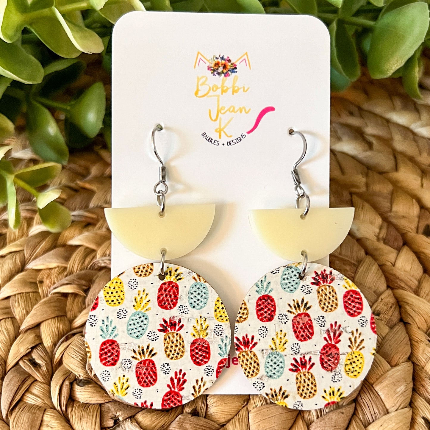 Pineapple Circle Drop Cork on Leather Earrings - ONLY 2 LEFT