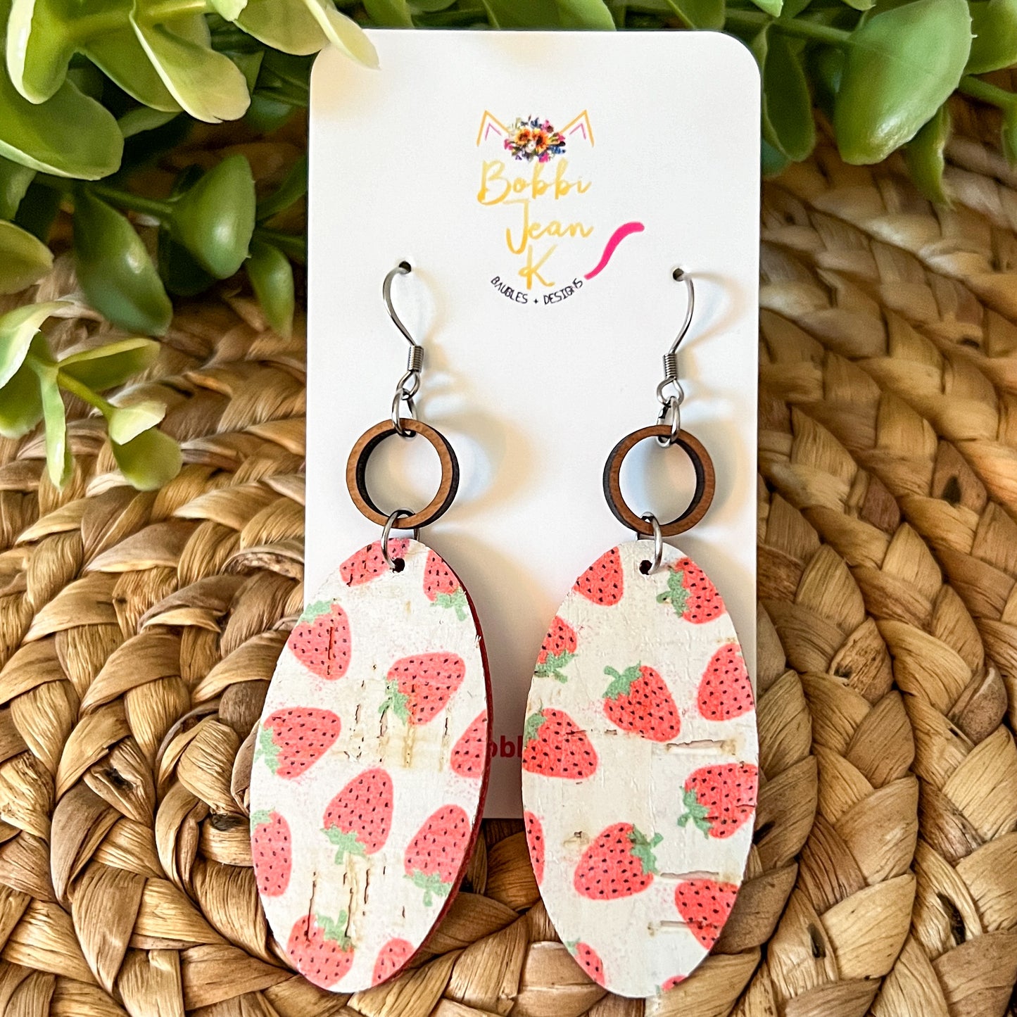 Strawberry Fields Oval Drop Cork on Leather Earrings - ONLY 2 LEFT