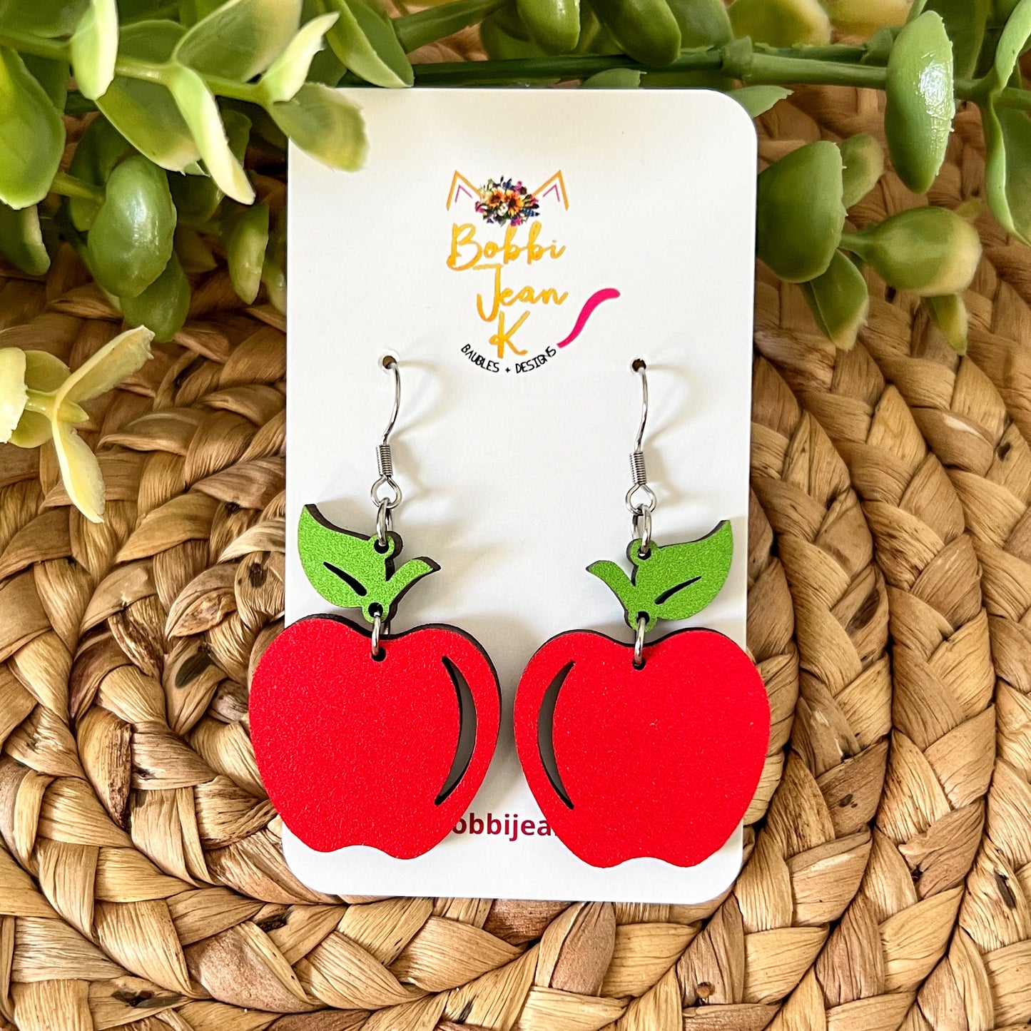 Apple Wood Dangle Earrings: Choose From Red or Green